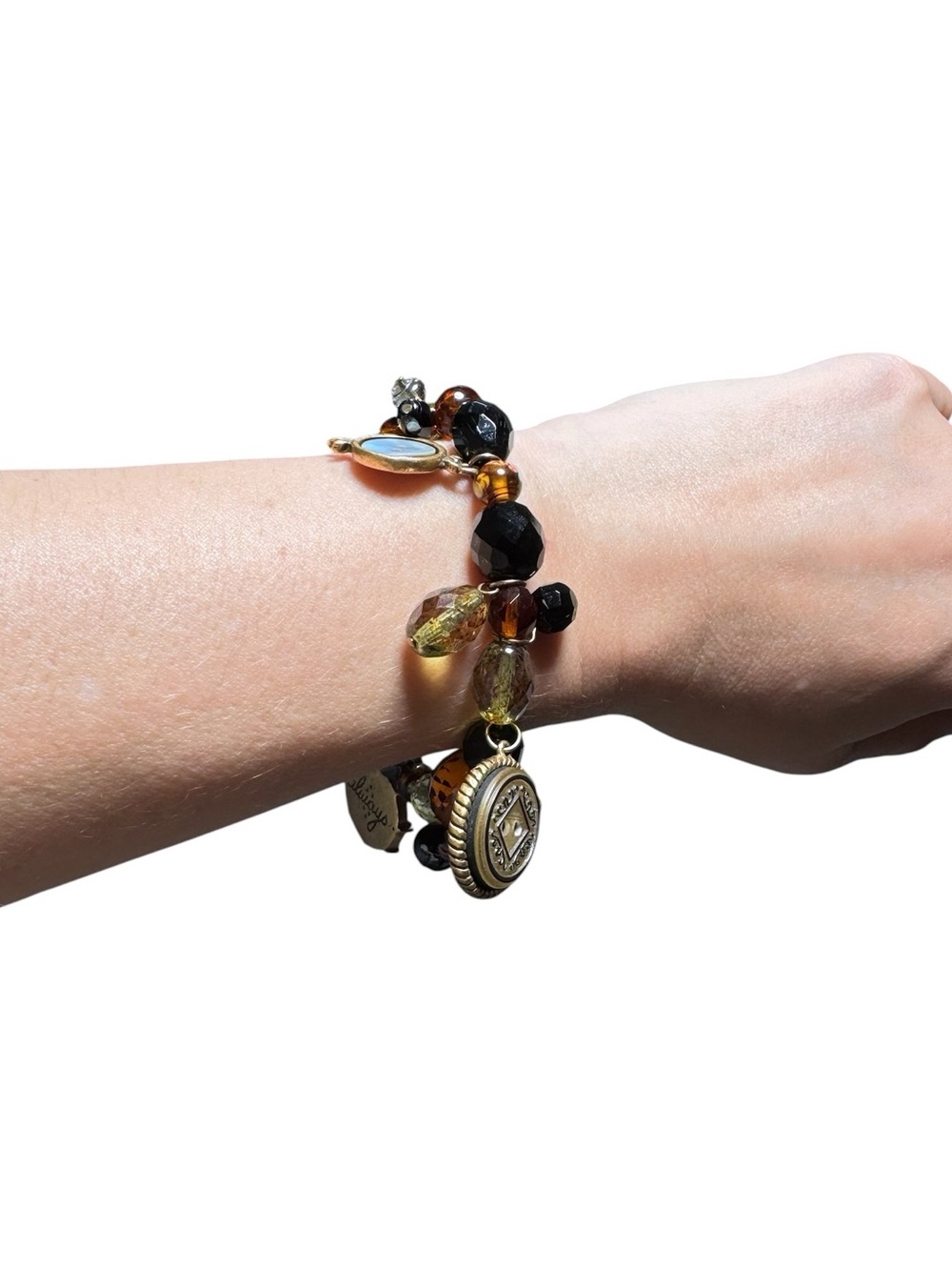 Vintage Style Charm Bracelet Black Brown Olive Beads Button Charms Boho Jewelry